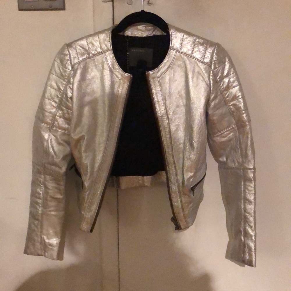 Muubaa Mao Collar Silver Metallic Leather Jacket